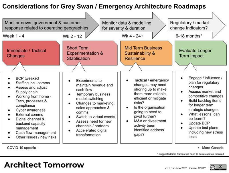 Diagrama de «Consideraciones para las hojas de ruta de Grey Swan y la arquitectura de emergencia», en el que se muestran las fases, desde los cambios inmediatos hasta la evaluación del impacto a largo plazo