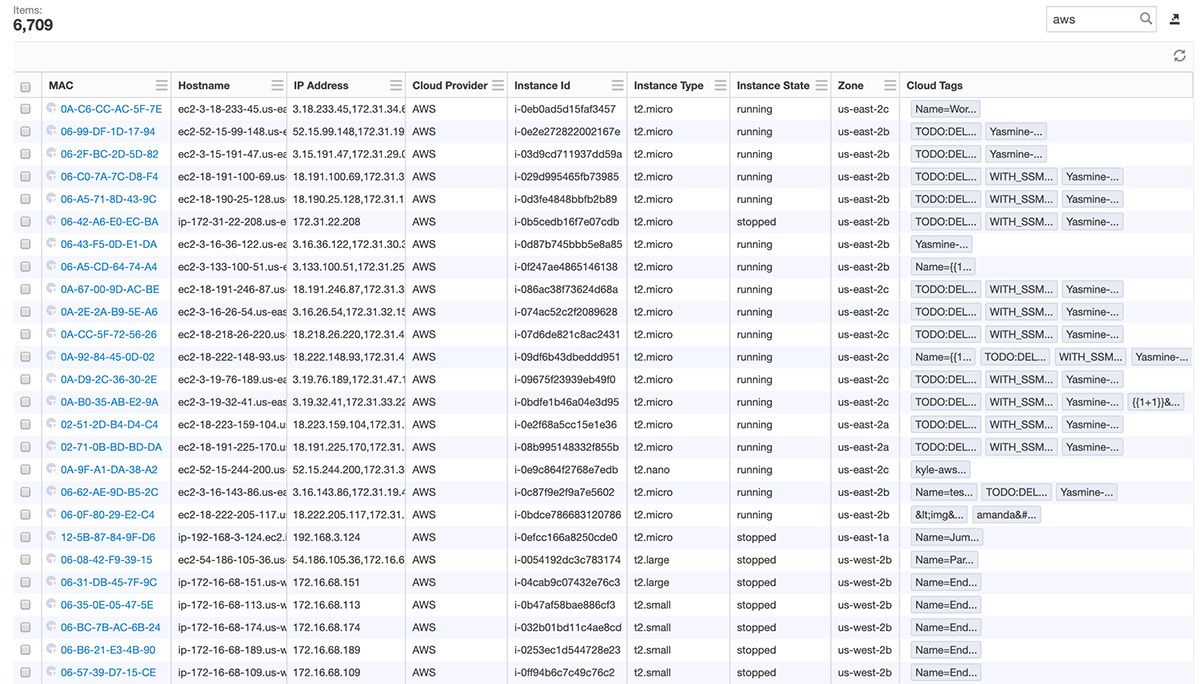 Captura de pantalla de Tanium Discover en la que se muestra una tabla con 6,709 terminales detectados, junto con sus direcciones MAC, nombres de host, proveedores de servicios en la nube y detalles de las instancias