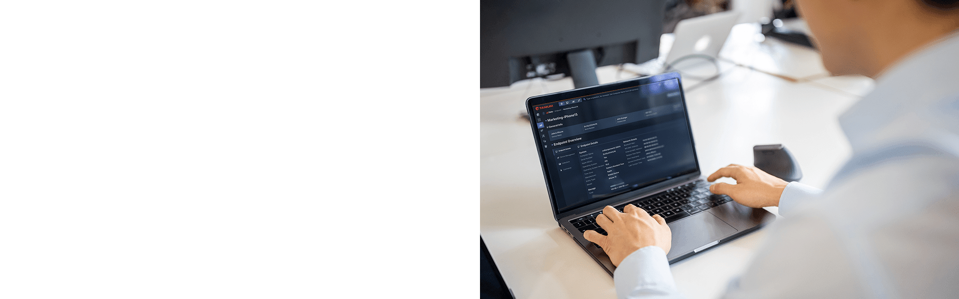 Persona usando el panel de control de Tanium en una laptop para la gestión de endpoints