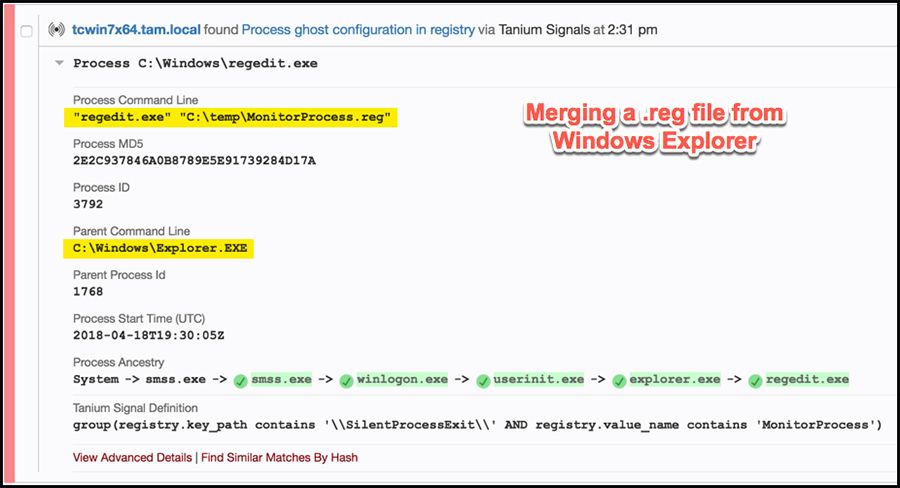 Tanium Signals muestra la fusión de archivos del Registro desde el Explorador de Windows