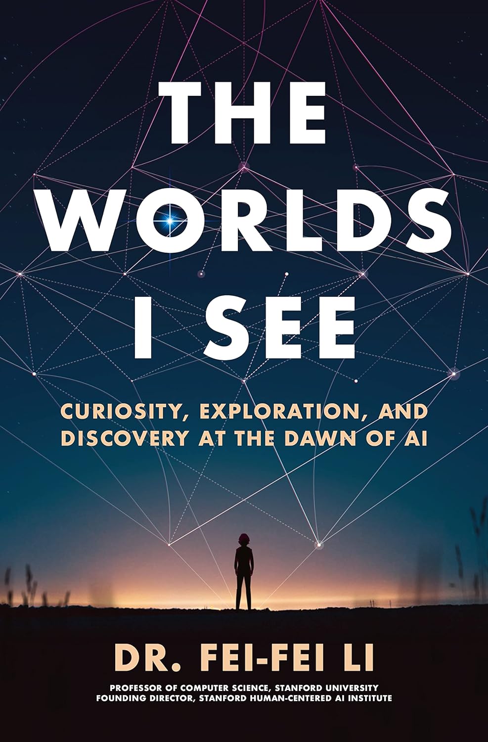 La portada del libro *The Worlds I See*, en la que se representa la silueta de una mujer de pie en la lejanía, en una llanura, al amanecer.
