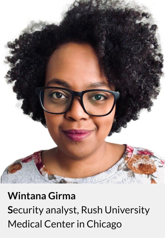 Foto de primer plano de Wintana Girma, analista de seguridad del Centro Médico de la Universidad de Rush, en Chicago