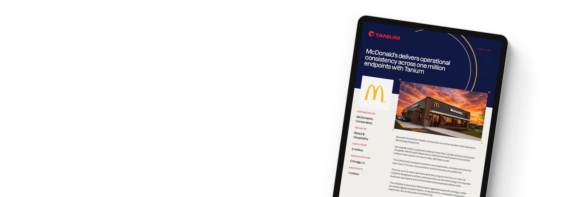 Tablet showing McDonald's case study with corporate information and restaurant photo