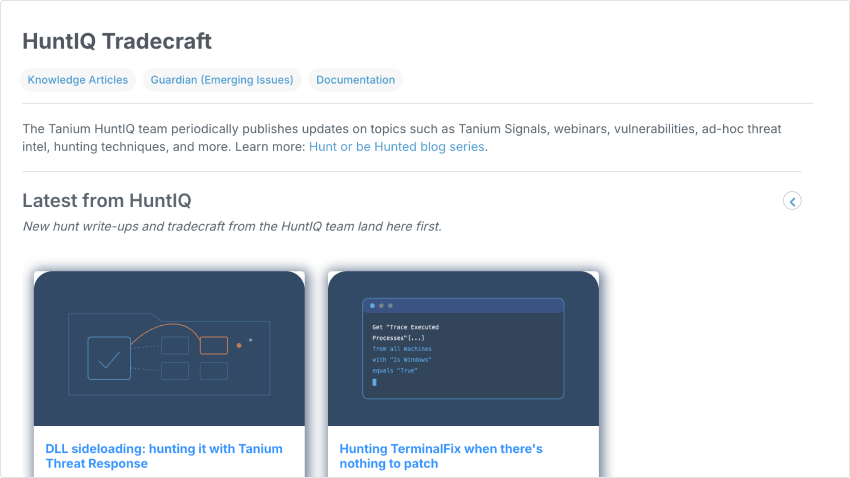 Concentrador de HuntIQ Tradecraft que muestra lo último de HuntIQ feed de escrituras de caza, incluida la carga lateral de DLL y TerminalFix