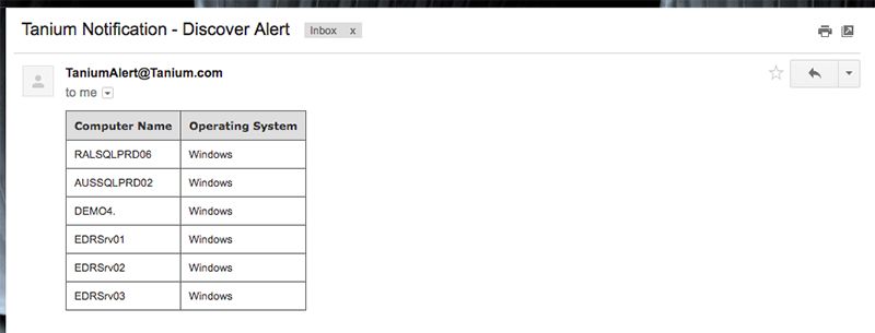 Notificación por correo electrónico de Tanium Discover Alert en la que se muestra el inventario de ordenadores con Windows