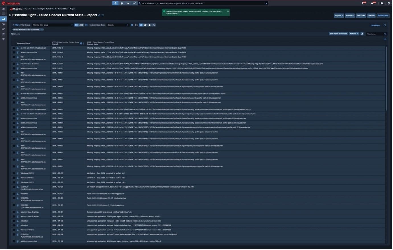 Captura de pantalla del informe «Essential Eight» en la consola de Tanium