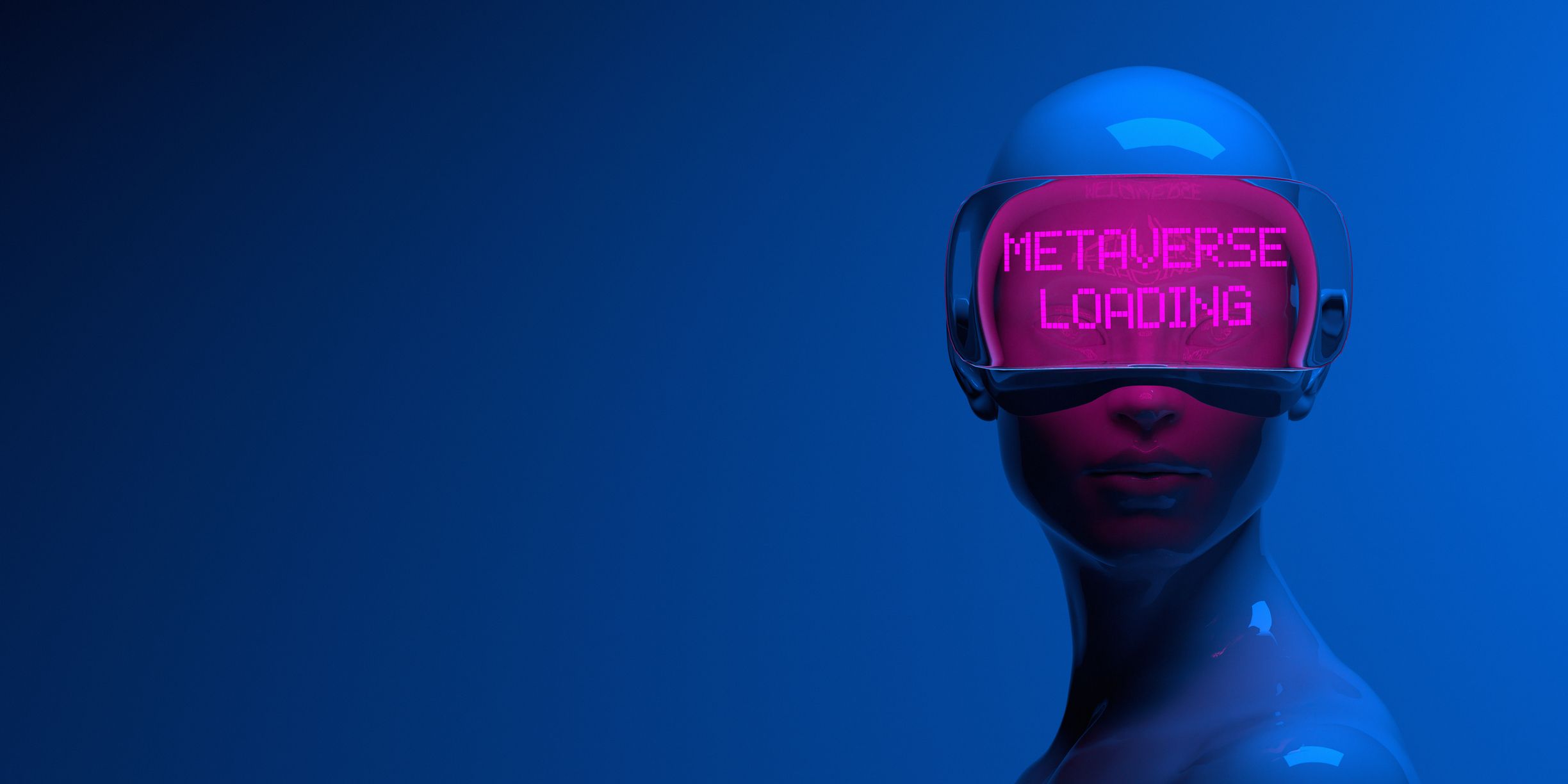 Una imagen de un avatar sobre un fondo azul sombrío que lleva un casco de realidad virtual con el texto "Metaverse loading" en letras de neón rosa.