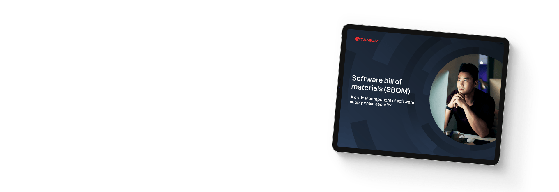Tableta que muestra la portada del libro electrónico de lista de materiales de software (SBOM) con retrato