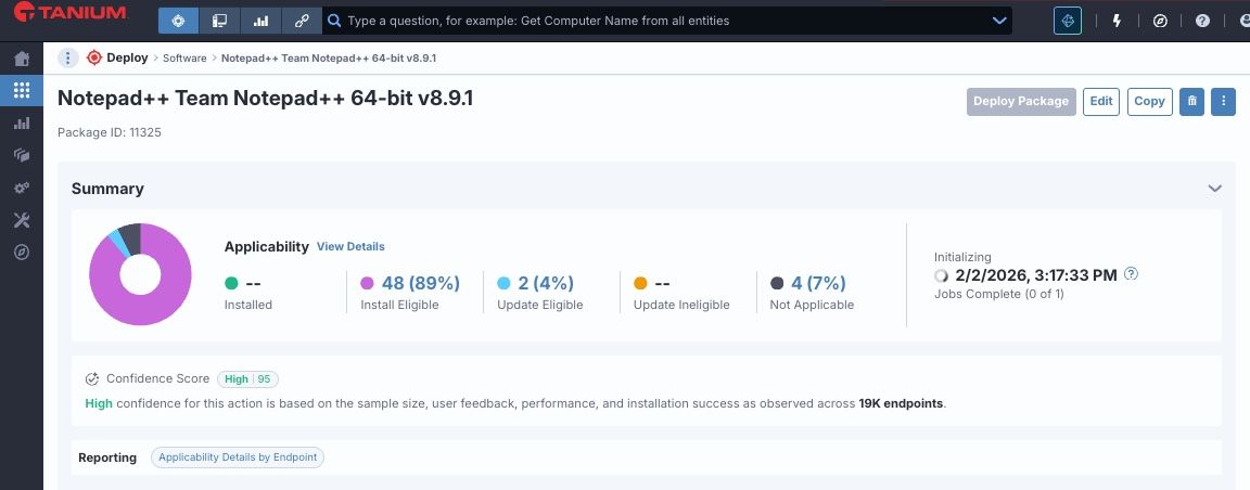 Captura de pantalla de la «Deploy Gallery» de Tanium, que incluye contenido para actualizar y desinstalar Notepad++