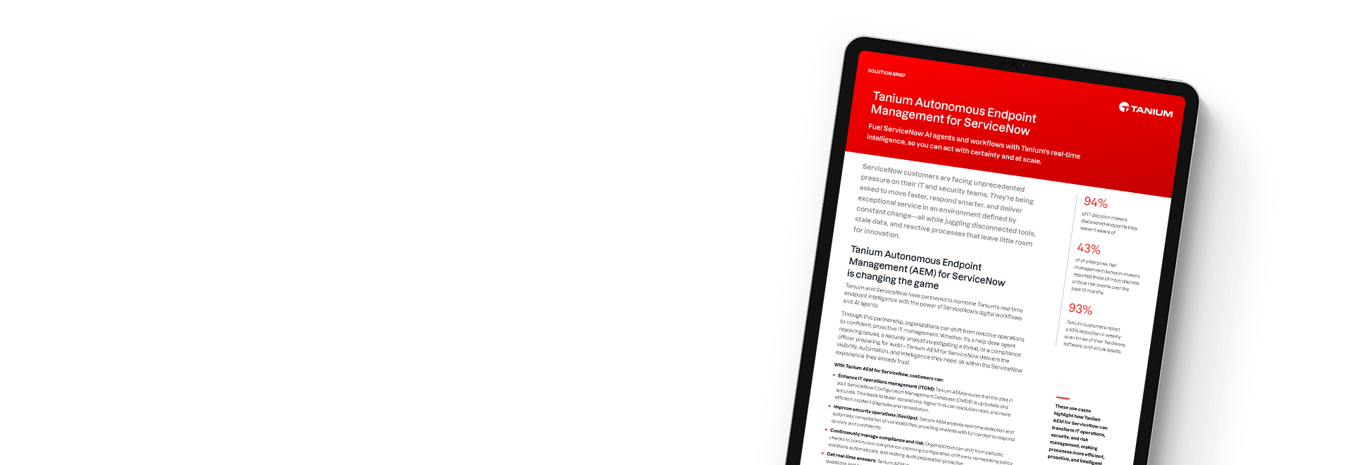 Tableta que muestra el resumen de solución 'Tanium + ServiceNow: Mejor juntos'