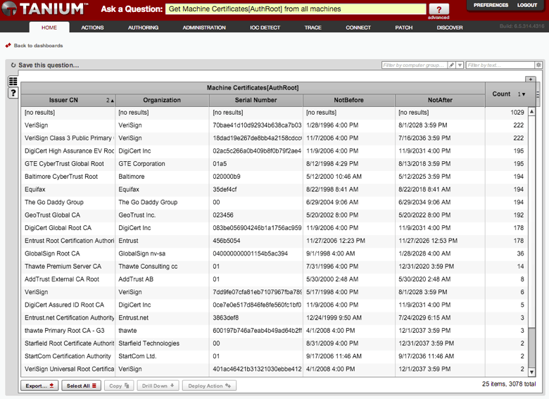 Captura de pantalla de la interfaz de Tanium en la que se muestra la tabla de inventario de certificados de los equipos, con información sobre el emisor y la fecha de caducidad