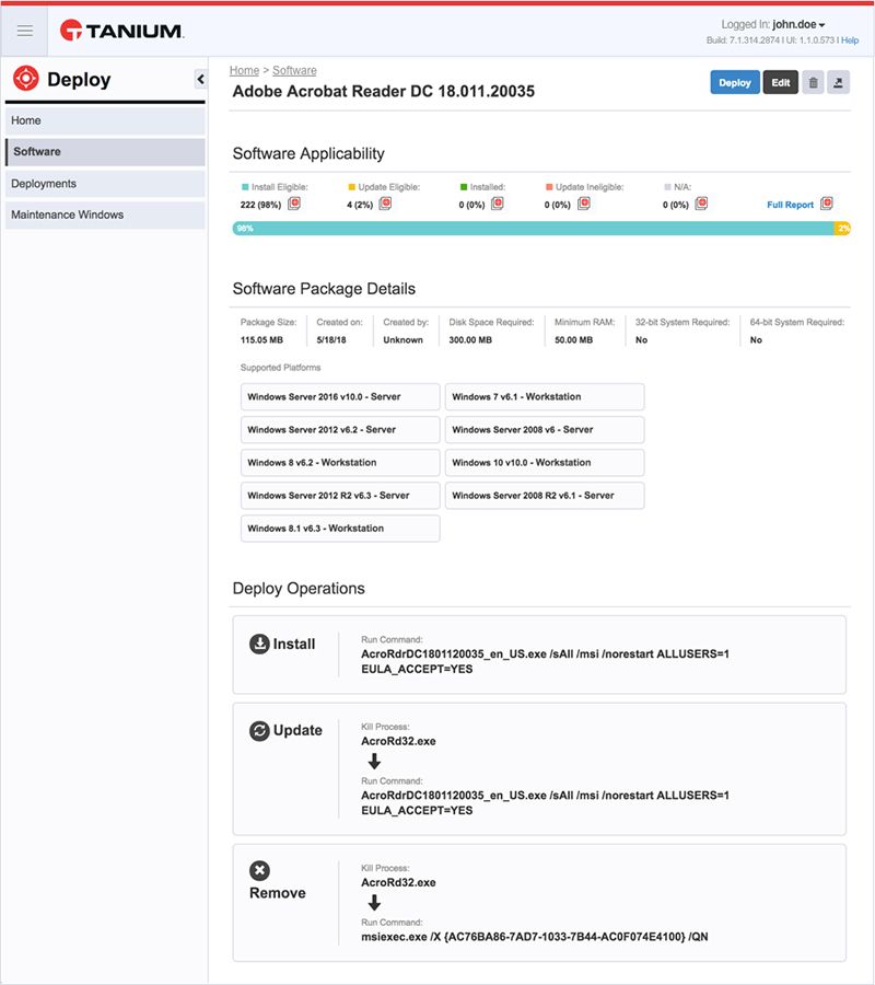 Captura de pantalla de la página de detalles del software Adobe Acrobat Reader DC, en la que se muestran la compatibilidad, los detalles del paquete y las operaciones de implementación