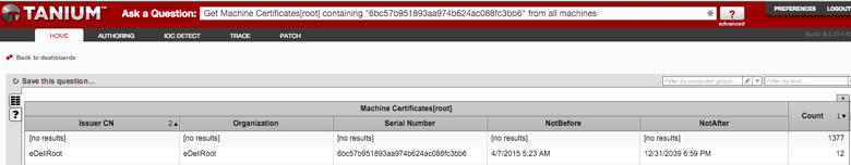 Captura de pantalla de la interfaz de Tanium en la que se muestra el inventario y el estado de los certificados de los equipos