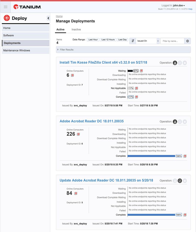 Captura de pantalla de la página «Gestionar implementaciones» de Tanium, en la que se muestran las implementaciones activas de Tim Kostic FileZilla Client, Adobe Acrobat Reader y otros programas