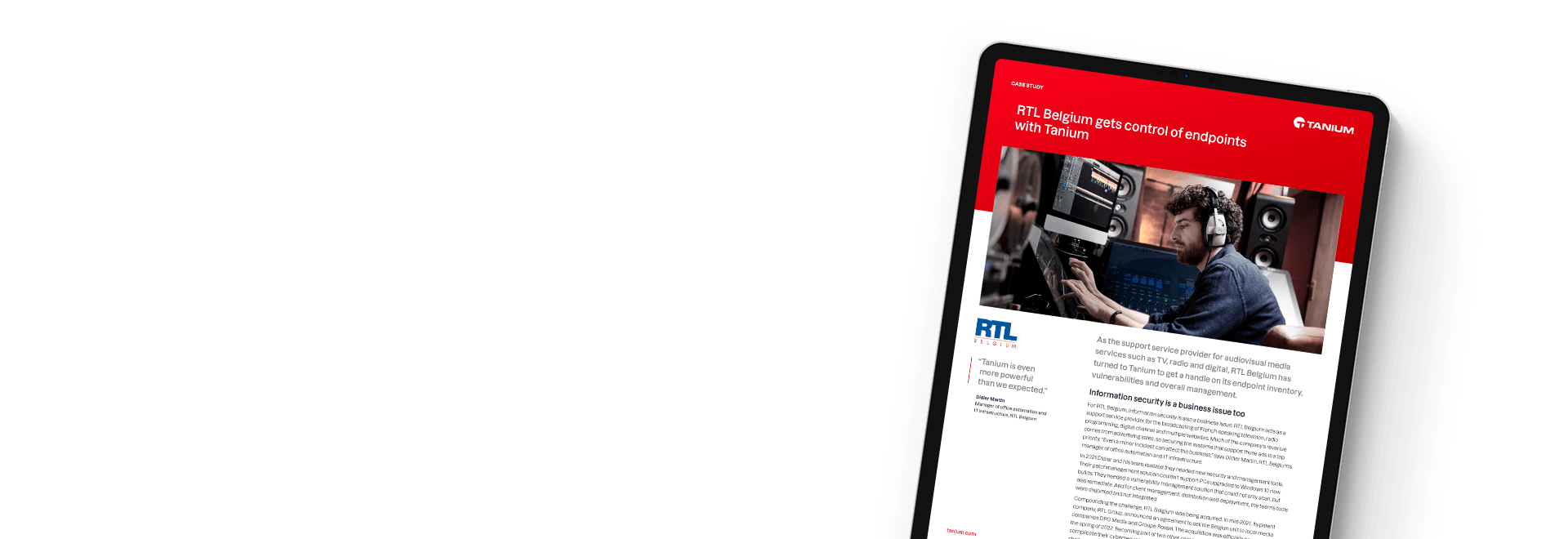 Tablet showing RTL Belgium case study on endpoint control
