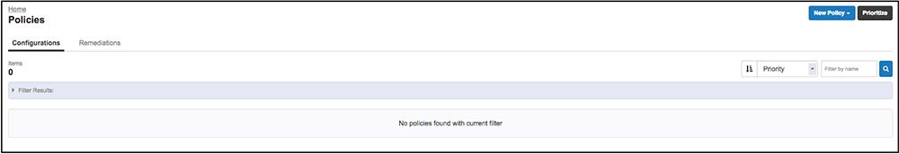 Interfaz de las políticas de Tanium Protect que muestra una lista de políticas vacía con las pestañas de configuración y corrección