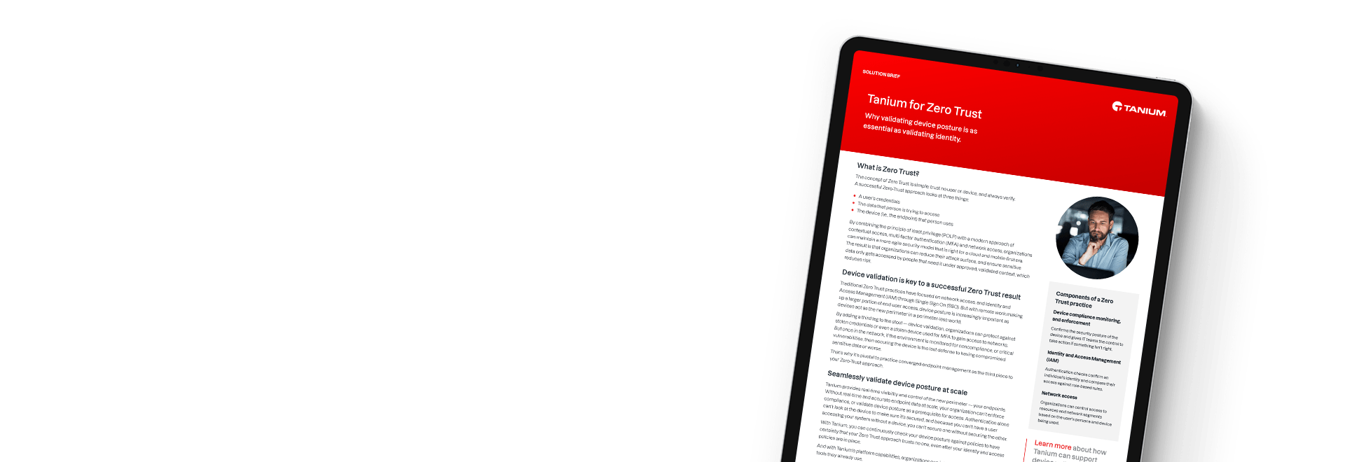 Tableta que muestra el resumen de la solución Tanium para Zero Trust con enfoque de validación