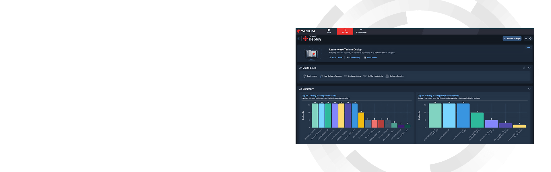 Fondo hero de Tanium Deploy con panel de control y análisis