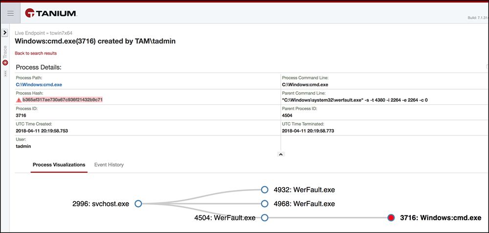 Respuesta de Tanium Ask en la que se muestran los detalles de la ejecución de comandos de Windows