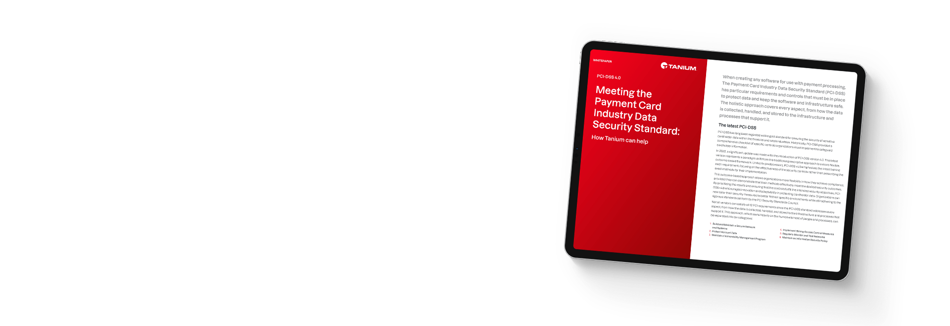 Tableta que muestra la guía de cumplimiento de la lista de verificación de Tanium para PCI-DSS