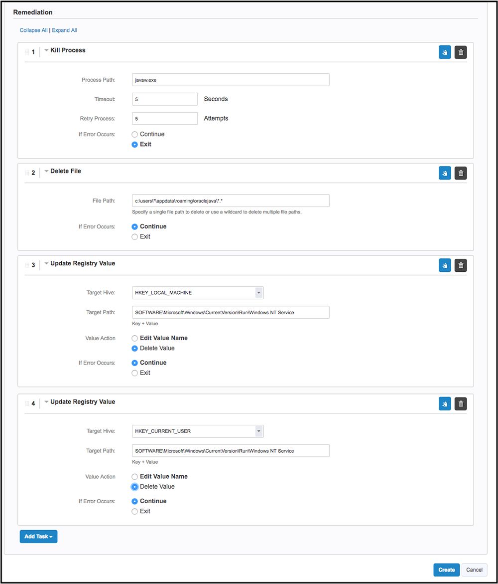 Política de corrección de Tanium Protect que muestra varias tareas de corrección destinadas a eliminar procesos de malware y limpiar el registro