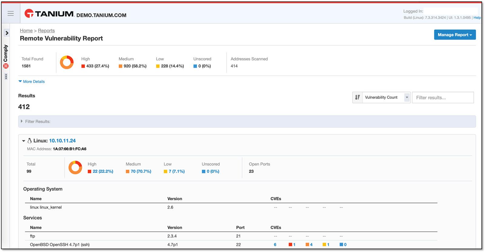 Captura de pantalla del informe de vulnerabilidades remotas de Tanium Comply