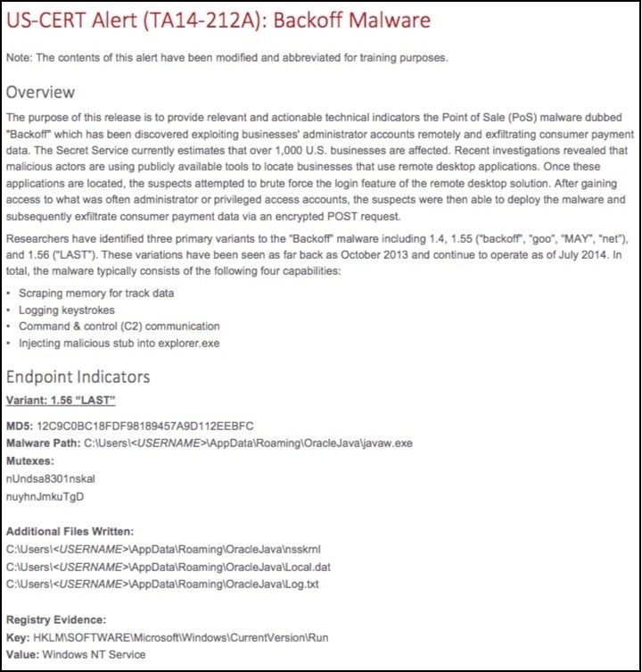 Documento de alerta de US-CERT en el que se recogen los indicadores del malware «Backoff», entre los que se incluyen el hash MD5 , las rutas de los archivos y las claves del Registro