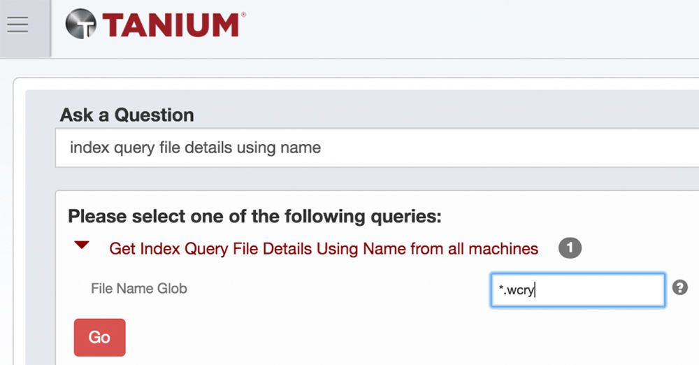 Interfaz de consulta de Tanium para buscar archivos en equipos con un patrón de nombre de archivo específico