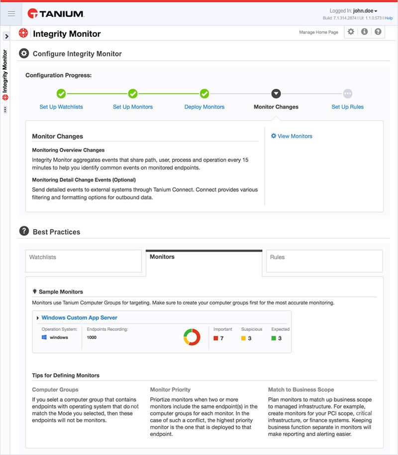 Captura de pantalla de la página de progreso de la configuración de Tanium Integrity Monitor, en la que se muestran los pasos para configurar las listas de seguimiento y los monitores