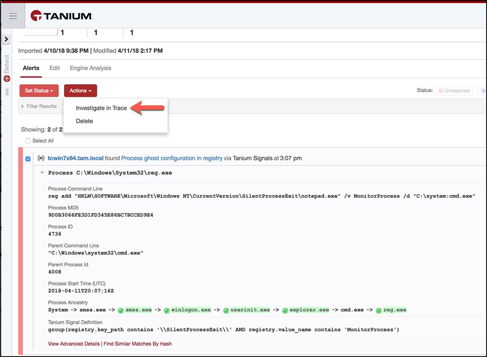 Alerta de Tanium Signals que indica la detección de una configuración fantasma del proceso