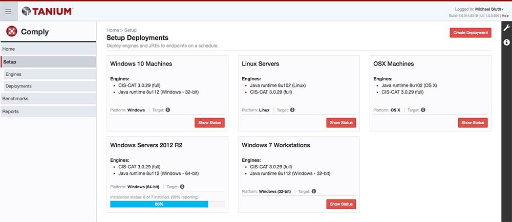 Panel de control de Tanium Comply que muestra los calendarios de implementación en distintos sistemas operativos