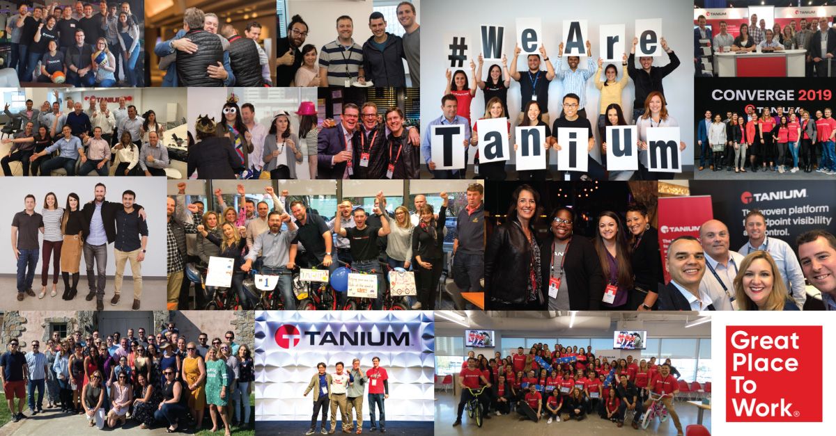 Collage de empleados de Tanium y elementos de la imagen de marca de la empresa, incluyendo el logotipo del evento CONVERGE 2019 y el premio «Great Place to Work»
