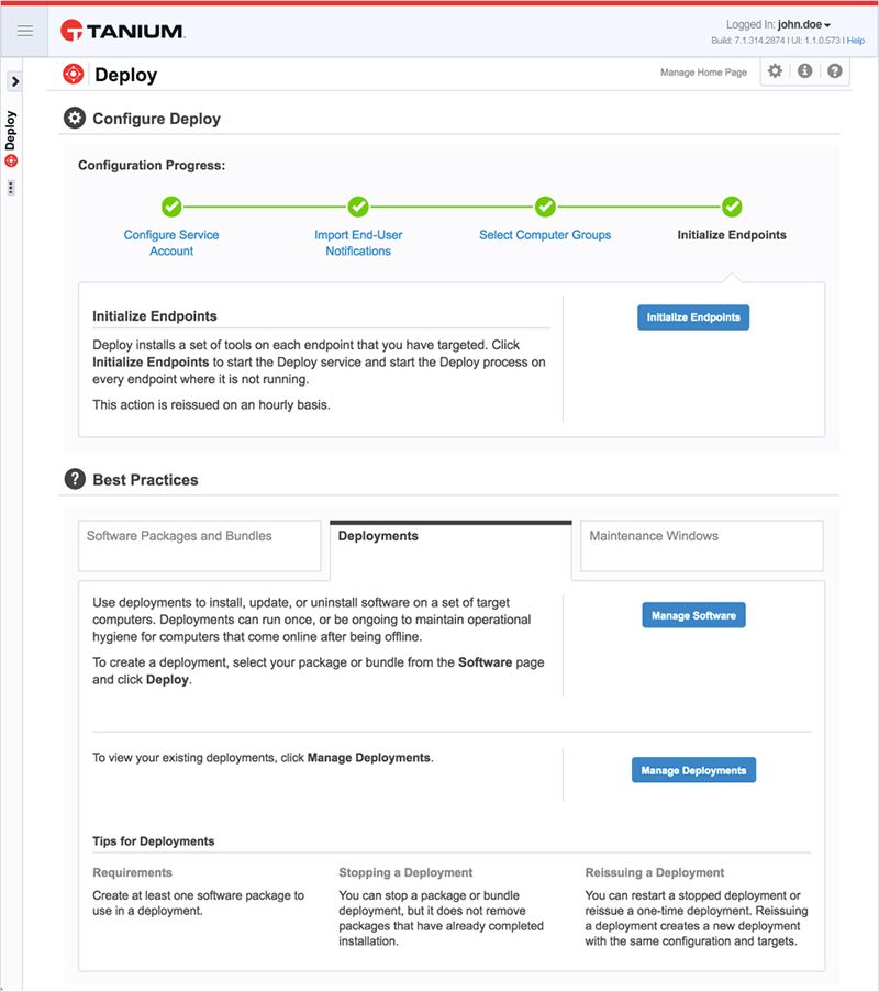 Captura de pantalla del progreso de la configuración de Tanium Deploy, en la que se muestra el paso de inicialización de los terminales junto con las mejores prácticas para la gestión de software