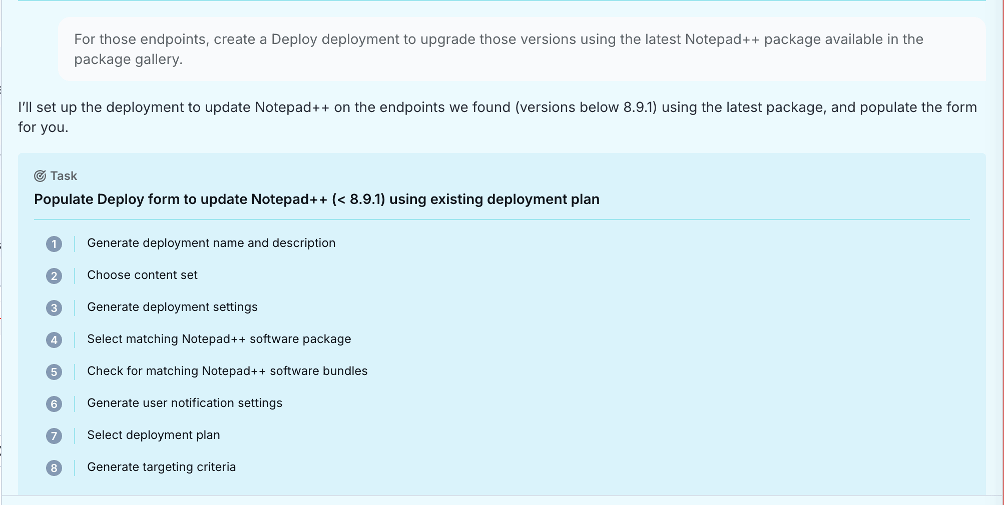 Captura de pantalla de Tanium Ask en la que se muestran los dispositivos finales con Notepad++