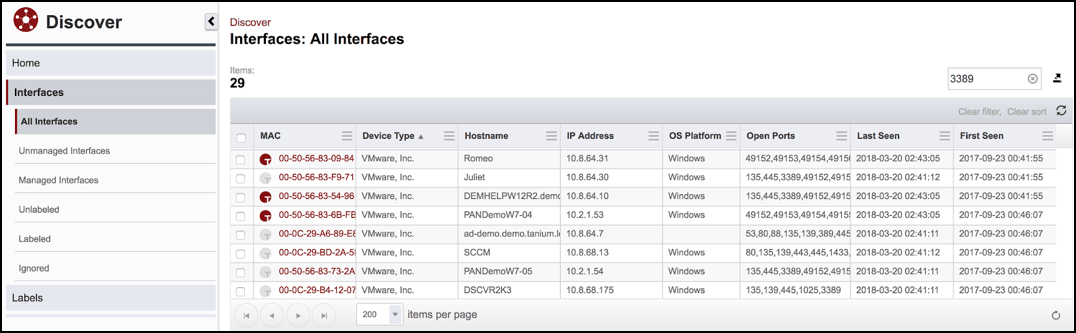 Captura de pantalla de la interfaz de Tanium Discover en la que se muestran las interfaces de red con sus direcciones MAC y los detalles de la plataforma