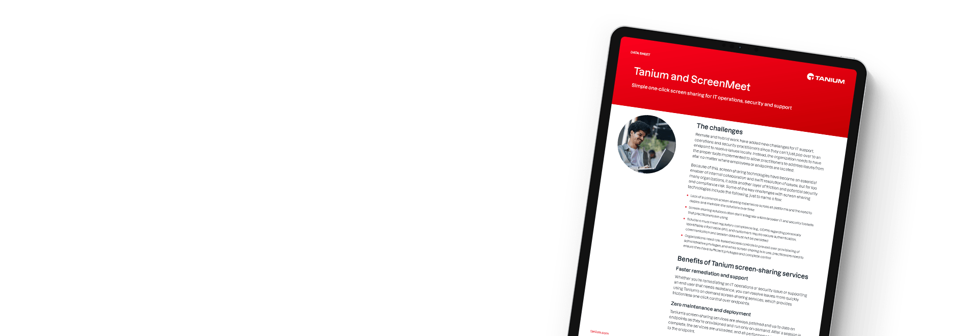 Tableta que muestra la hoja de datos de integración de Tanium y ScreenMeet