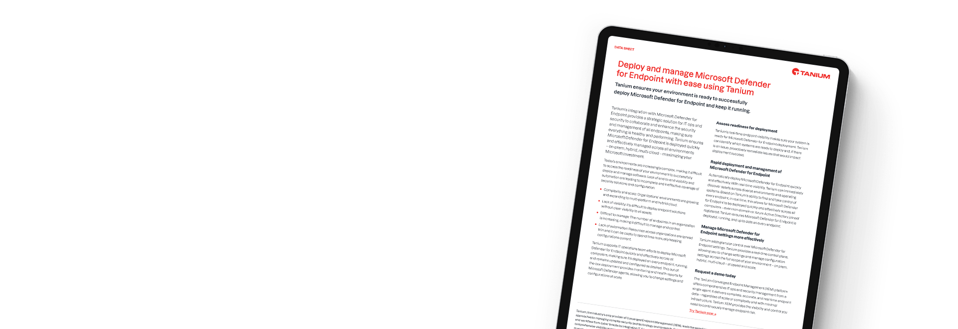Tableta que muestra la hoja de datos 'Tanium + Microsoft Defender para Endpoint'