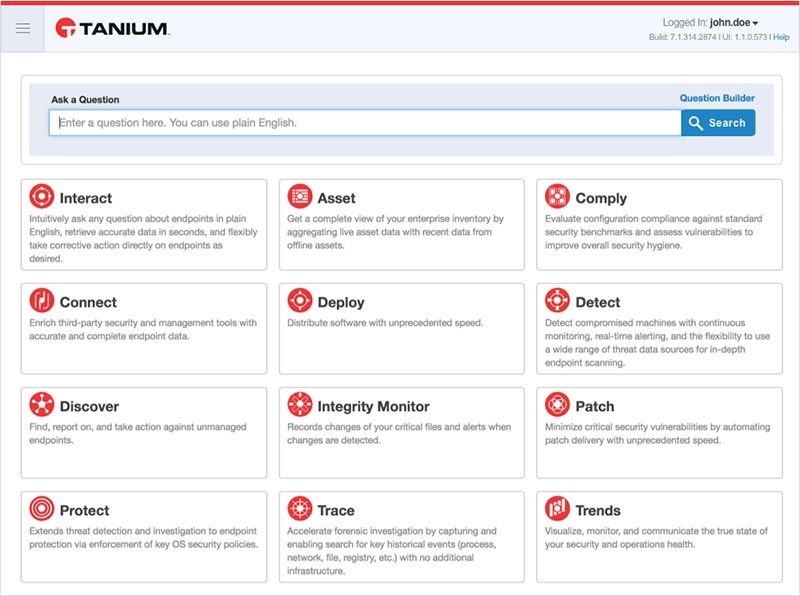 Captura de pantalla de la página de inicio de la plataforma Tanium en la que se muestran las acciones disponibles, entre las que se incluyen: Interact, Asset, Comply, Connect, Deploy, Detect, Discover, Integrity Monitor, Patch, P…