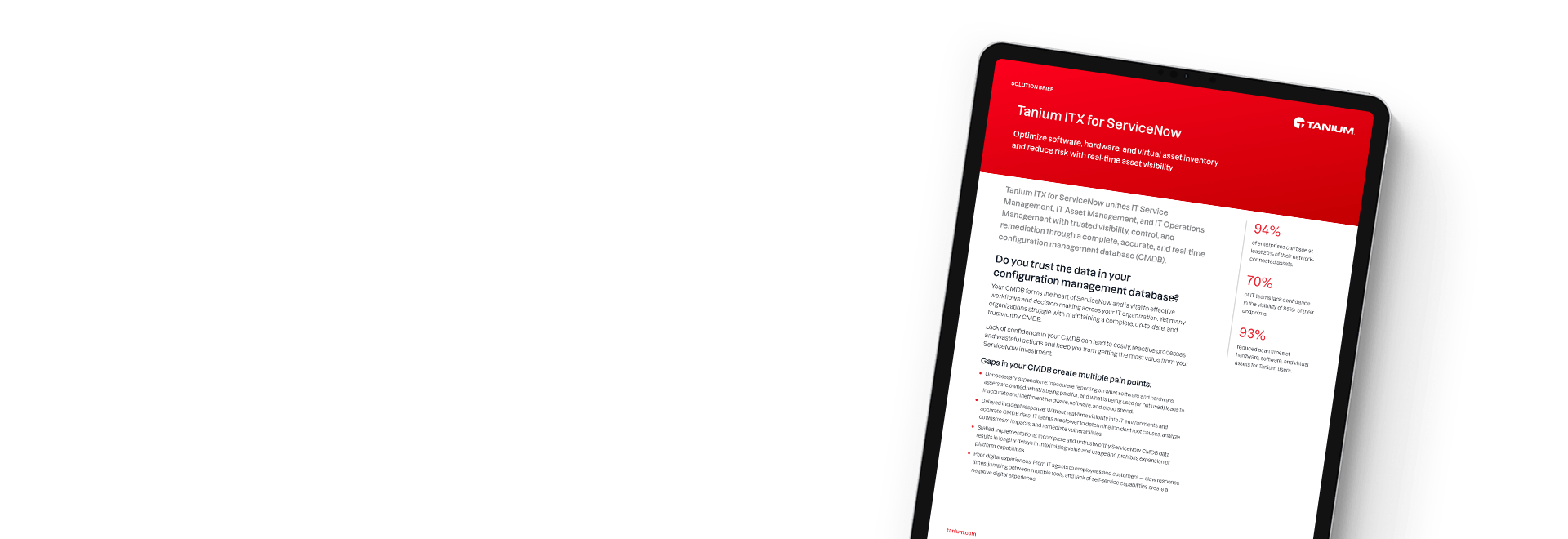 Tableta que muestra el resumen de solución de Tanium ITX para ServiceNow con una descripción general de la integración