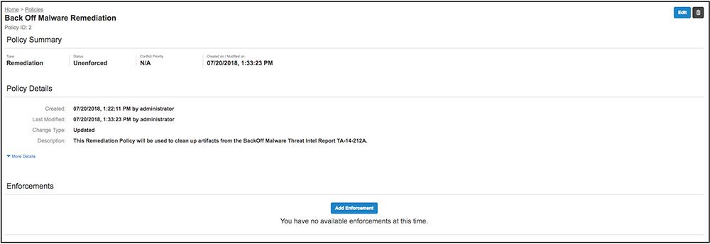 Página de resumen de la política de Tanium Protect relativa a la corrección de malware, en la que se muestran el estado de implementación y los detalles