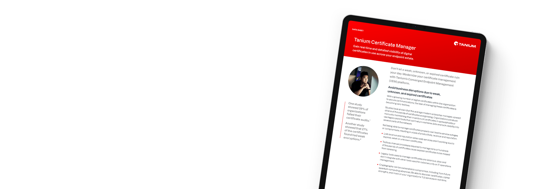 Tableta que muestra la hoja de datos de Tanium Certificate Manager con retrato
