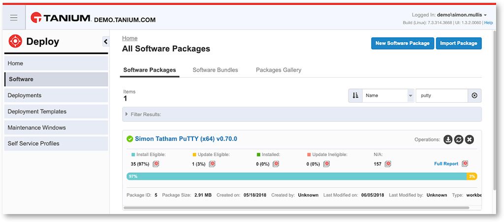 Captura de pantalla de la vista «Implementar todos los paquetes de software» de Tanium, en la que se muestra el paquete de software PuTTY de Simon Tatham con su estado de implementación