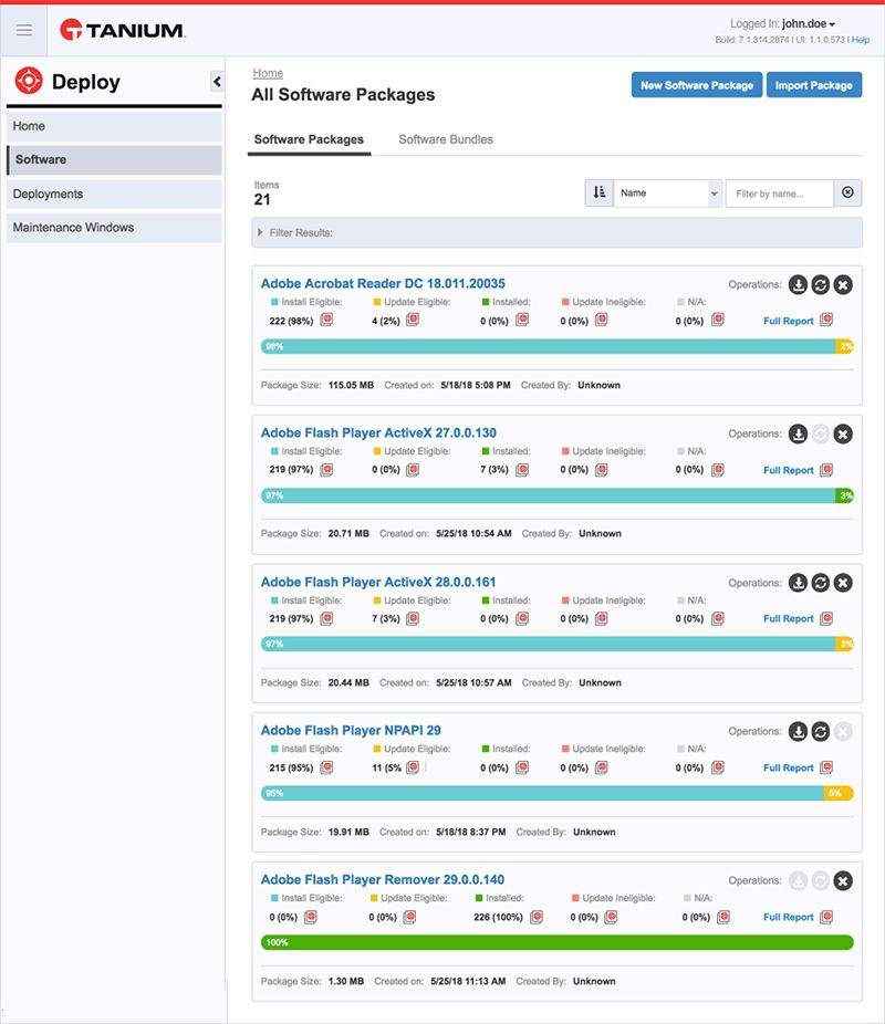 Captura de pantalla de la página de la lista de software de Tanium Deploy, en la que se muestran 21 paquetes instalados, entre los que se incluyen Adobe y Flash Player