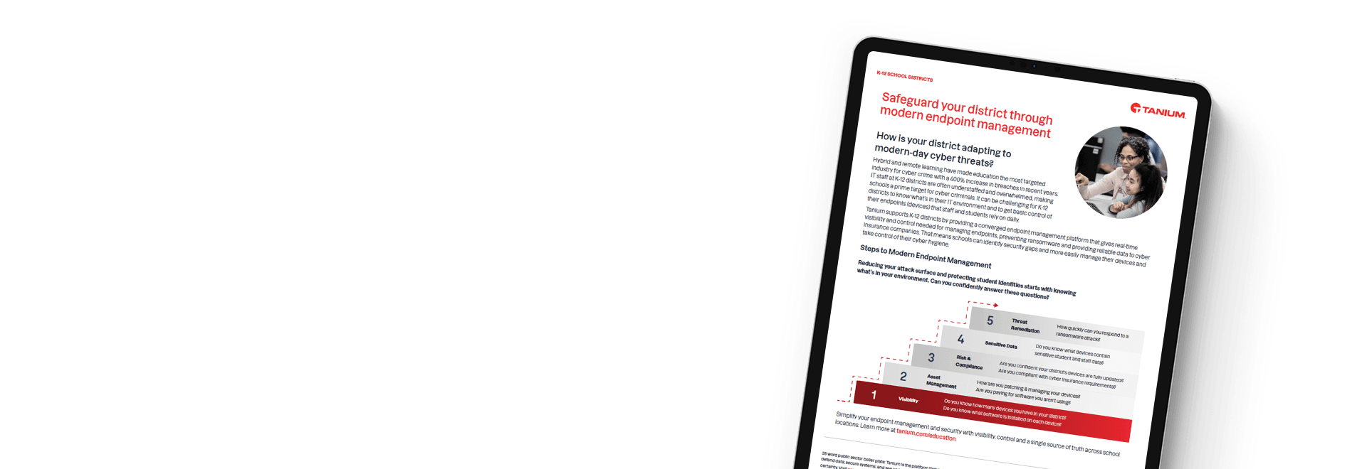 Tablet mockup of "Safeguarding your district through modern endpoint management" solution brief