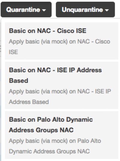 Captura de pantalla de las opciones de control de acceso a la red de NAC, entre las que se incluyen «Cuarentena», «Salir de cuarentena» y «Grupos de direcciones dinámicos de Palo Alto»