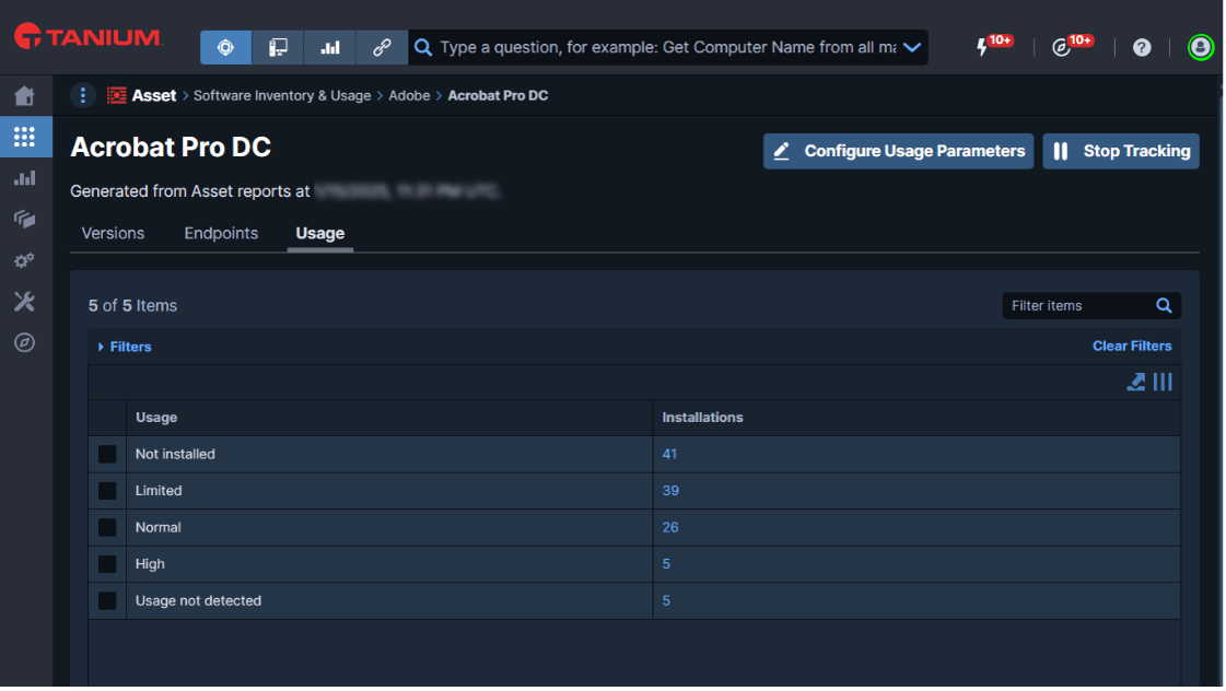 Captura de pantalla de Tanium Software Inventory en la que se muestran los parámetros de uso y las versiones de Acrobat Pro DC
