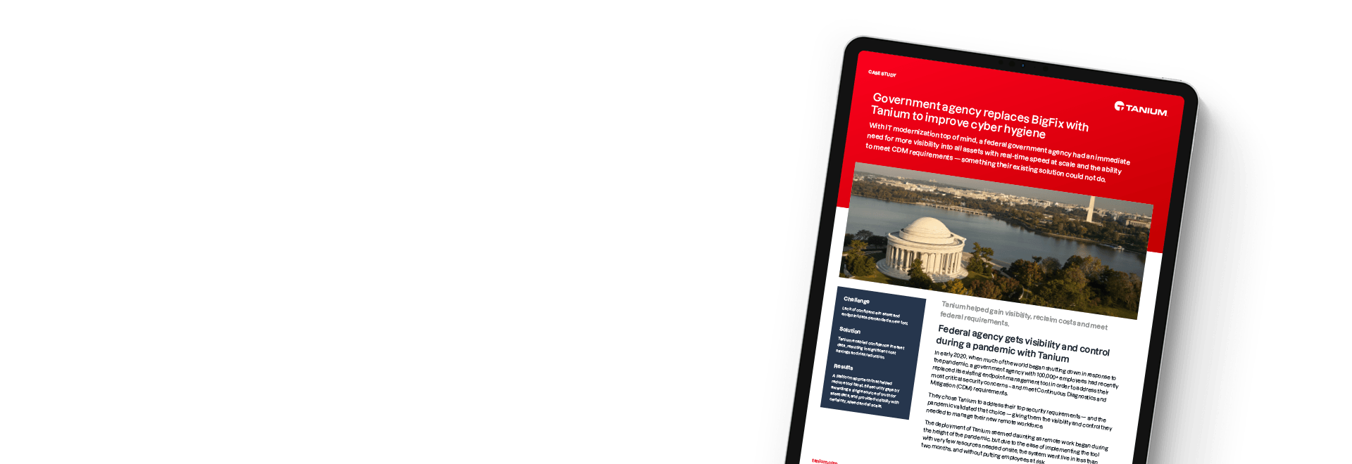 Document preview of "Government agency replaces BigFix with Tanium to improve cyber hygiene" case study with Jefferson Memorial imagery