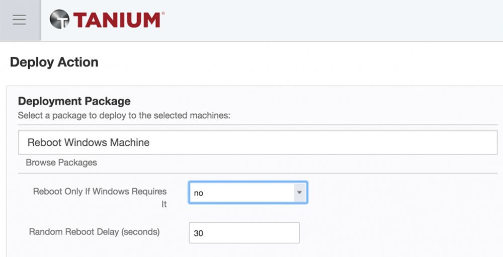 Formulario de implementación de Tanium para reiniciar equipos con Windows tras las actualizaciones de seguridad