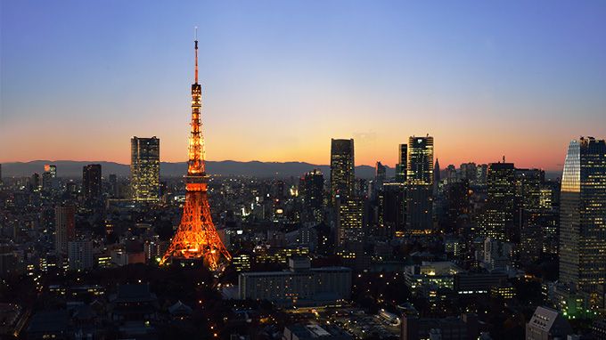 Imagen del atardecer del horizonte de Tokio