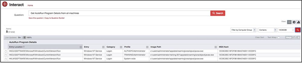 Consulta de Tanium Interact en la que se muestran los detalles del programa de ejecución automática y la información del Registro obtenida del análisis del malware
